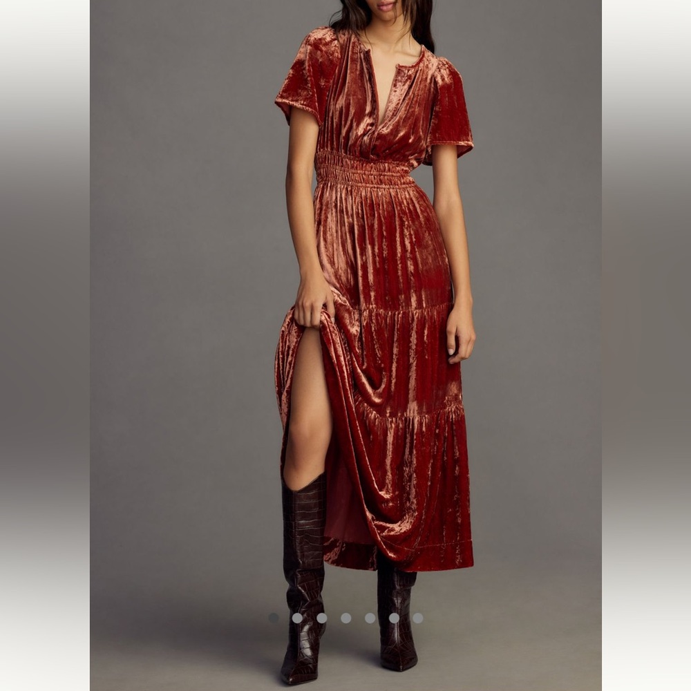 Anthropologie Velvet Maxi Dress in Rust Deep Auburn